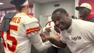 Patrick Mahomes congratulating every one of his teammates after winning the Super Bowl.