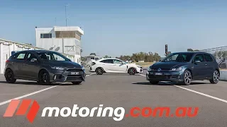 Ford Focus RS v Honda Civic Type R v Volkswagen Golf GTI | motoring.com.au