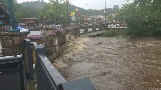 Raging river in Gatlinburg Tennessee after hours of rain. Floodwatch in Sevier County