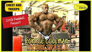 RONNIE COLEMAN - 200 lb Dumbbell Presses - CHEST AND TRICEPS (2000) UNBELIEVABLE MOVIE