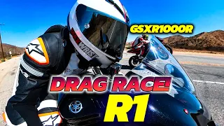 YAMAHA R1 vs SUZUKI GSXR 1000R DRAG RACE!