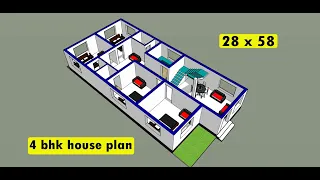 28 x 58 simple 4 bed room house plan II 28 x 58 house plan II 4 bhk home design II ghar ka naksha