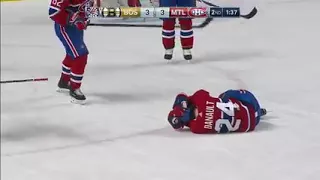 Phillip Danault Gets Shot In The Face By Chara And Gets Carried Of By A Stretcher