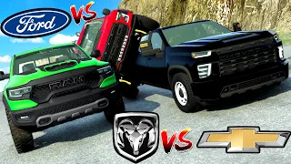 Ford VS Chevy VS Ram Trucks Race Down a Mountain in BeamNG Drive Mods!