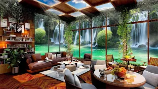 Spring Coffee Shop Ambience with Smooth Jazz Piano Music & Waterfall Sound for Study, Work, Relaxing