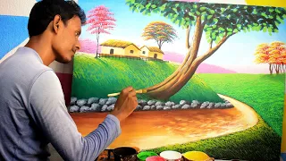 Simple and easy village drawing painting | nature drawing | indian village scenery painting