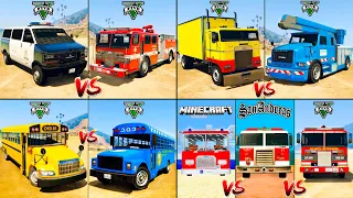 Hauler Box Truck vs MINECRAFT Fire Truck vs School Bus vs Police Van - GTA 5 Cars Compilation 1 hour