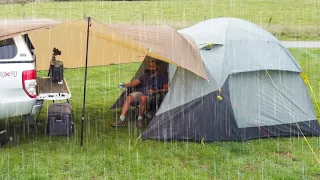 Car CAMPING in RAIN with TRUCK by BEACH - waves asmr