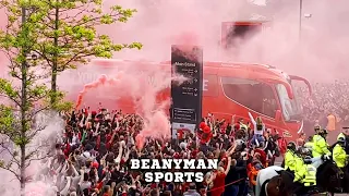 Liverpool fans welcome team bus to Anfield ahead of final game of the season