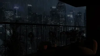 Cozy Balcony Rain in New York | Night Heavy Rain Sounds and Distance Thunder for Sleep, Calm, Study