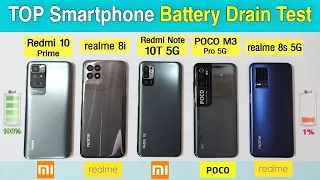 Redmi 10 prime vs  realme 8i vs Redmi note 10T 5G vs Poco m3 pro5G vs realme 8s5G Battery Drain Test