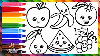 Desenhar e Colorir Frutas Fofas 🍎🍌🍊🍐🍇🍉🌈 Desenhos para Crianças