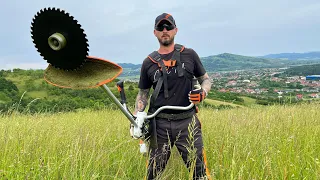 Stihl Fs 490-C with 250 mm grass cutting blade, cutting big grass.(Motocoasa Stihl cu disc.)