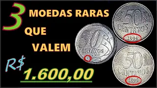 3 Moedas de 50 centavos que valem 1.600 Reais: 1994, 1995 e 2019 cunho trocado, disco trocado etc..