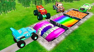 Giant Rainbow Square Pit Vs Big & Small Lightning McQueen And Pixar Cars in BeamNG Drive Battle!