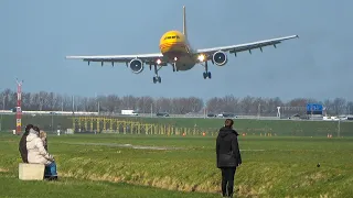 CROSSWIND LANDINGS during a STORM at Amsterdam - Airbus A300, Boeing 747 ... (4K)