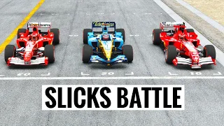 Renault R25 SLICKS vs Ferrari F1 2005 SLICKS vs Ferrari F1 2004 SLICKS - Barcelona Montmeló