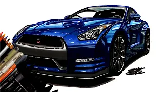 Realistic Car Drawing - Nissan GTR - Time Lapse - Drawing Ideas