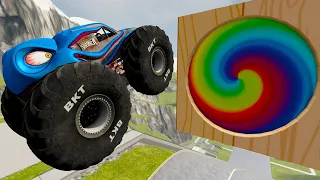 Big and Small Monster Trucks Jumping Through Giant Portal - BeamNG.drive