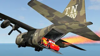 LIGHTNING MCQUEEN AND 4 MONSTER TRUCK VS PLANE CRASH STORY