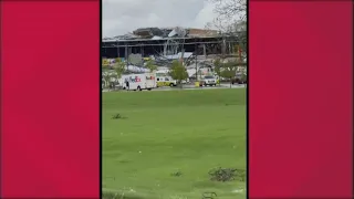 FedEx facility in Portage, Michigan shows significant damage following tornados