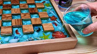 Ocean Chess of Oak and Epoxy with LED and Floating Effect