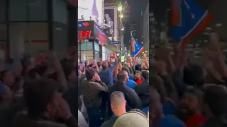 Fans celebrate after New York Knicks beat Cleveland Cavaliers in NBA Playoffs