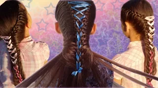 Французские косы с односторонним подхватом и шнуровкой лентой // French braids with lacing