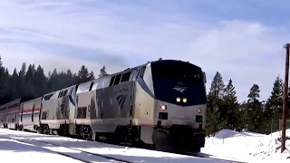 AMTRAK Emeryville-Chicago 'California Zephyr' heads East near Donner Pass with dual P42DC diesels