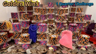 1 quarter challenge! Nothing but towers and mystery bags inside the high limit coin pusher
