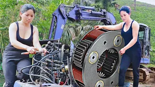 TIMELAPSE: Mechanic Girl repairs and restores excavator, tractor, motorcycle, Genius Girl repair