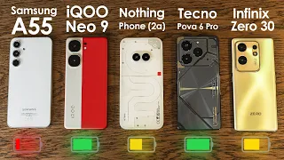 WHO WILL LIVE LONGEST🔋Samsung A55, iQOO Neo 9, Nothing Phone (2a), Tecno Pova 6 Pro, Infinix Zero 30