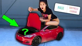 WORLD'S SMALLEST TINY 24 HOUR CHALLENGE in MINI TESLA & FOUND ABANDONED MYSTERY BOX (you decide)