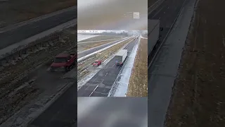 Truck loses control on icy Iowa road after winter storm