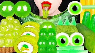 ASMR GREEN DESSERTS *연두색 디저트 먹방* SLIME JELLY, GREEN TEA CAKE, NIK-L-NIP WAX BOTTLE EATING MUKBANG