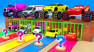 Giant McQueen, Car, Ambulance, Concrete Mixer Truck, Pacman Game of choosing the correct door