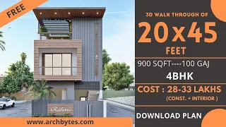 20x45 House Design 3D | 900 Sqft | 100 Gaj  | 4 BHK | Modern  Design | Terrace Garden | 6x14 Meters