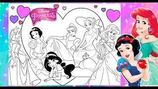 Disney PRINCESS Fun Together Coloring Page ARIEL SNOW WHITE TIANA AURORA CINDERELLA JASMINE Group