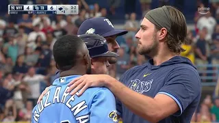 Randy Arozarena Hit By Pitch, Steals 2nd and 3rd, Benches Clear, Tempers Flare (Both Broadcasts)