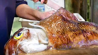 Japanese Street Food - GIANT CUTTLEFISH Sashimi Seafood Okinawa Japan