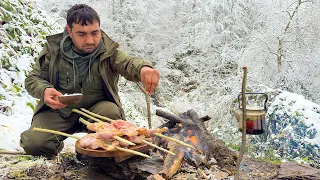 A  DAY IN THE COLD AND SNOWY MOUNTAIN  WITH FROZEN WATERFALL AND COOKING CHICKENS