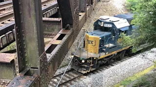 Over & Under Trains At The Trestle!  Single Locomotive Pulls Heavy Train, House Between CSX & NS RR