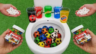 Football VS Nutella Candy and Popular Sodas !! Fanta, Coca Cola, Sprite and Mentos in the toilet