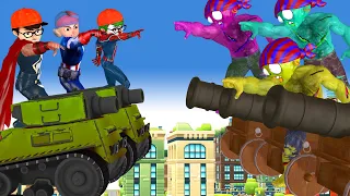 Team superheroes armored tank monster iron vs Team zombie barrel cannon - Scary Teacher Avengers