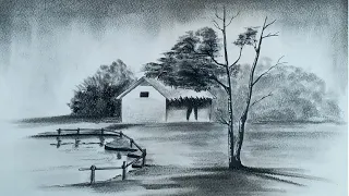 How to draw a hut scenery drawing step by step | Nature drawing and shading.