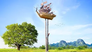 Amazing Creative | Building Bamboo Boat On The Higher Tree