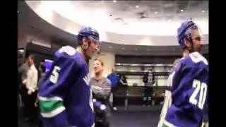 The Canucks celebrating their Game 7 win against the Blackhawks