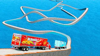 Mack Truck vs King Dinoco Truck vs Impossible Wave Bridge Crossing Cars Vs Deep Water - BeamNG.Drive