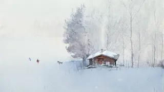 Watercolor painting winter scene using wet-into-wet