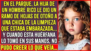 EN EL PARQUE,LA HIJA DE UN HOMBRE RICO LE REGALÓ UN RAMO DE HOJAS DE OTOÑO UNA CHICA DE LA LIMPIEZA…